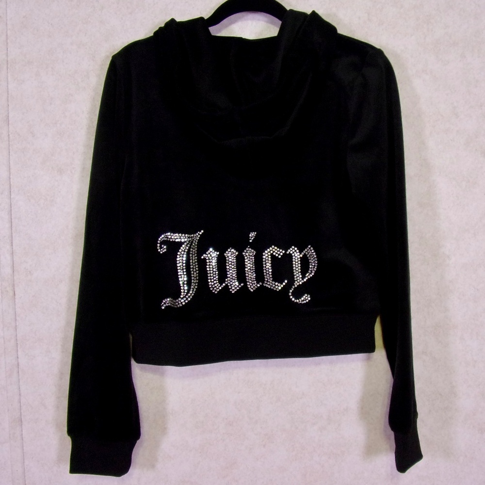 NWOT Juicy Couture Soft Velvety Full Front ZipHoodie Jacket Black/Rhinestone SzM
